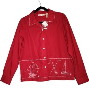 NWT Bobbie Brooks Red Sailboat Embroidered Cotton Button Shirt Size Medium
